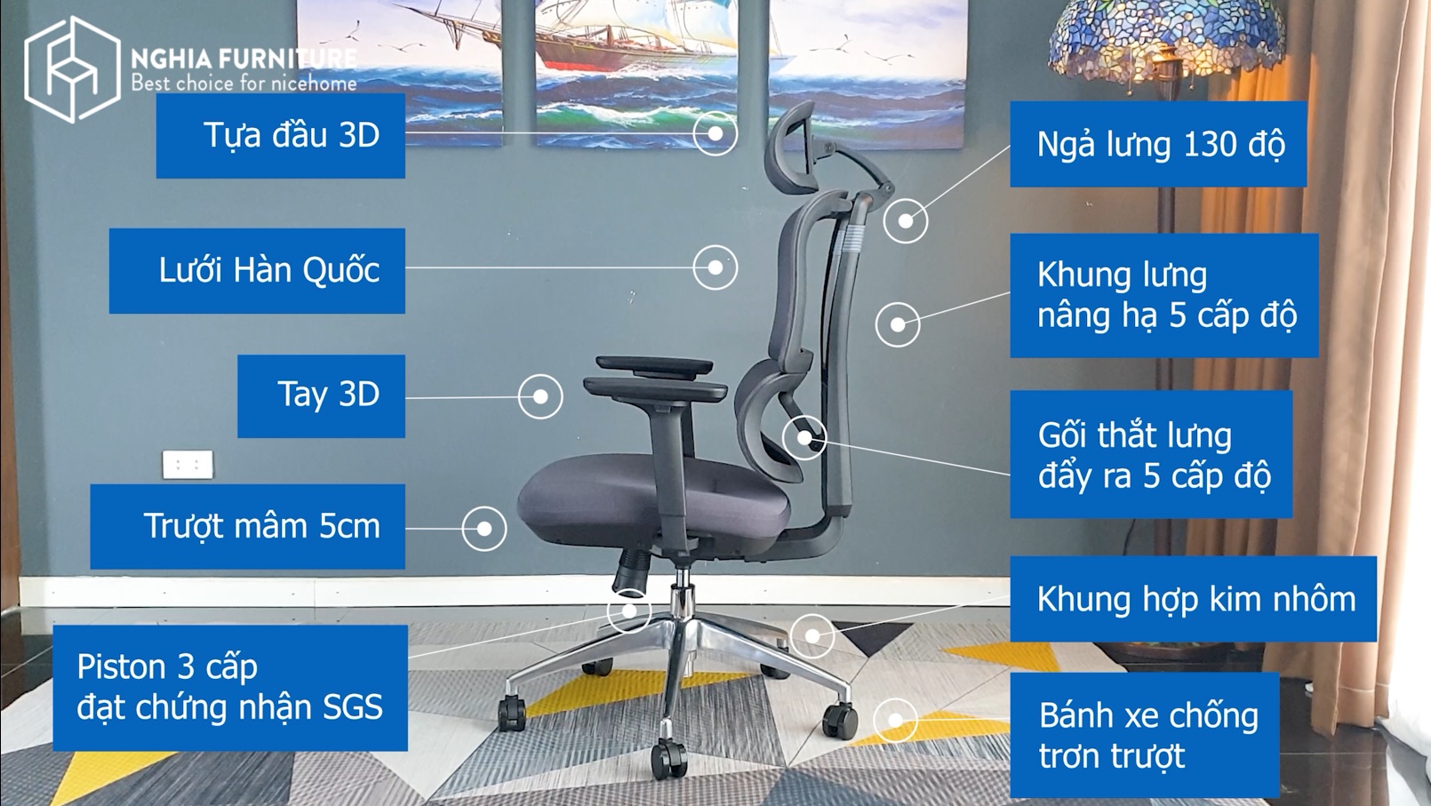 Ghế công thái học Nghia furniture LUMBAR - Ghế xoay văn phòng làm việc nhiều tính năng khủng
