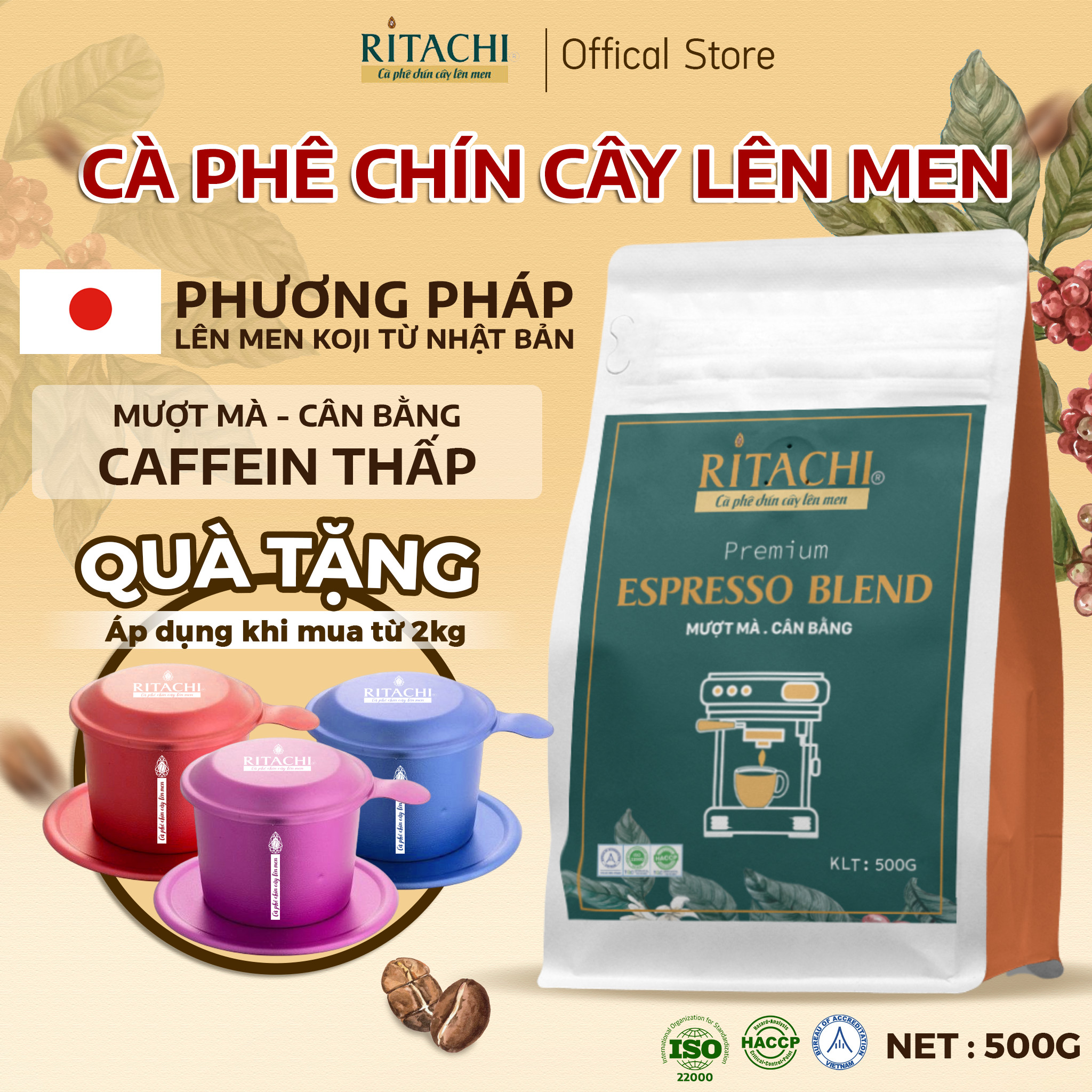 Cà phê rang xay Ritachi, cà phê ESPRESSO BLEND hương vị nguyên chất, lớp crema dày, hậu ngọt sâu lắng túi 500G