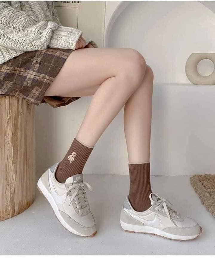 Tất Nữ Cổ Cao, Set 5 Đôi, Tất Cao Cổ Nữ, Hoạ Tiết Gấu, Chất Liệu Cotton Dày Dặn, Phong Cách Hàn Quốc