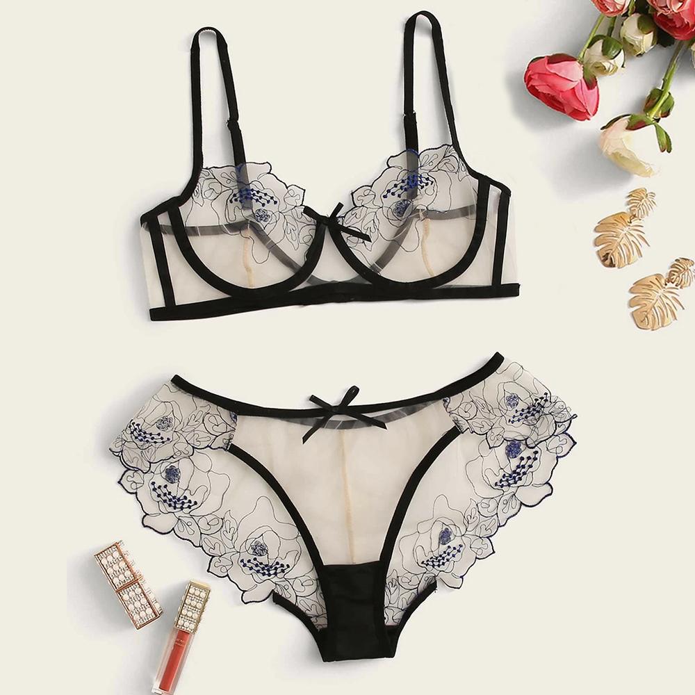Áo Ngực Sexy Bộ Thêu Hoa Quan Điểm Ren Lưới Quá Khổ Bộ Đồ Lót Nữ Bralette Trong Suốt Áo Ngực Quần Bộ