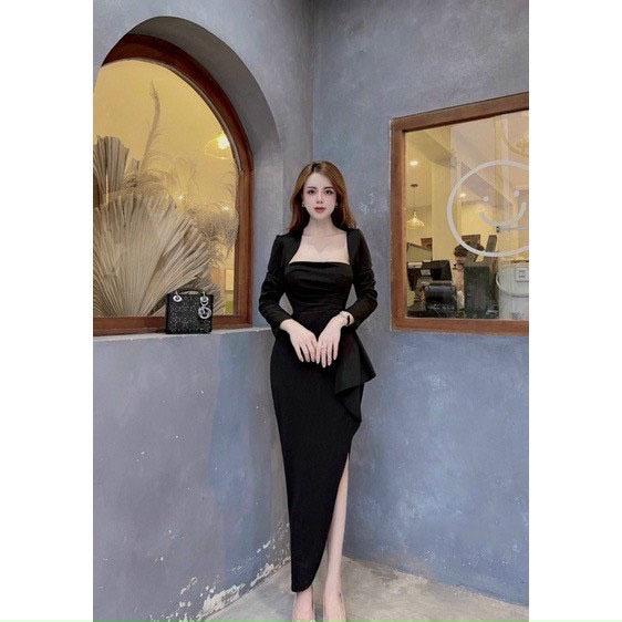FREE SHIP Đầm Ôm Body Tay Dài Bèo Lai Tà Chéo Trang Nữ KIM GIA DS