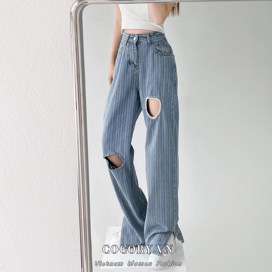 【Cocory】Women Korean Retro High waist Fork Loose Casual Straight Thin All Match Hole Jeans