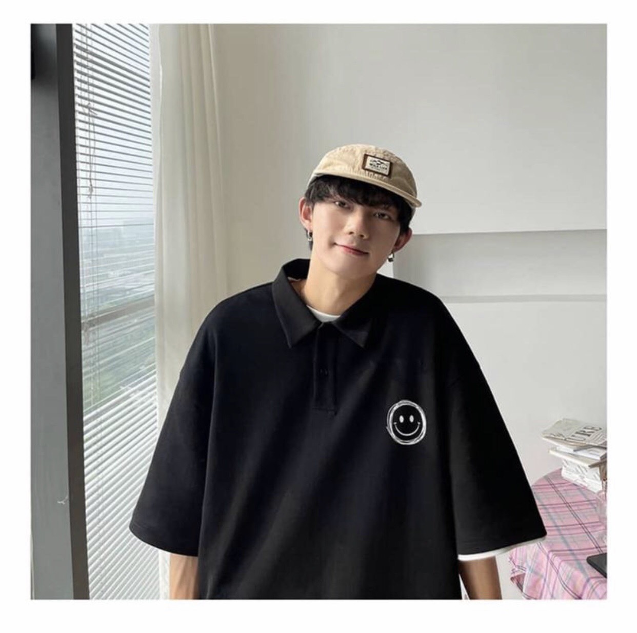 Áo phông polo ngắn tay hình mặt cười cá tính im đậm cá tính vintage unisex