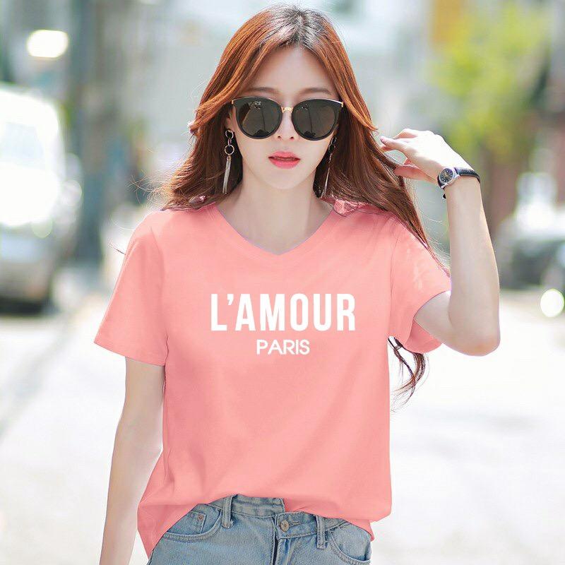 Áo thun nữ MXM form rộng cổ tim in chữ L'Amour cực xinh thun cotton 4 chiều từ 45-60kg
