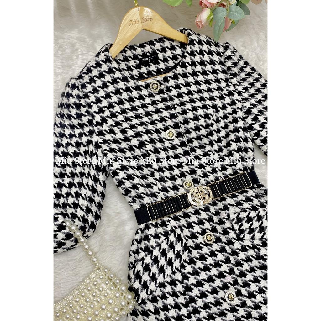 Áo khoác dạ dáng dài họa tiết houndstooth cổ tròn - AK00001