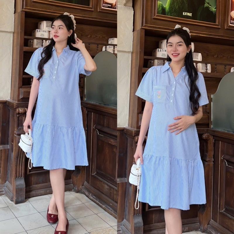 Đầm Bầu Công Sở Cổ Sơ Mi Phối Túi Thêu Phom Đuôi Cá Dễ Thương - Xanh sọc