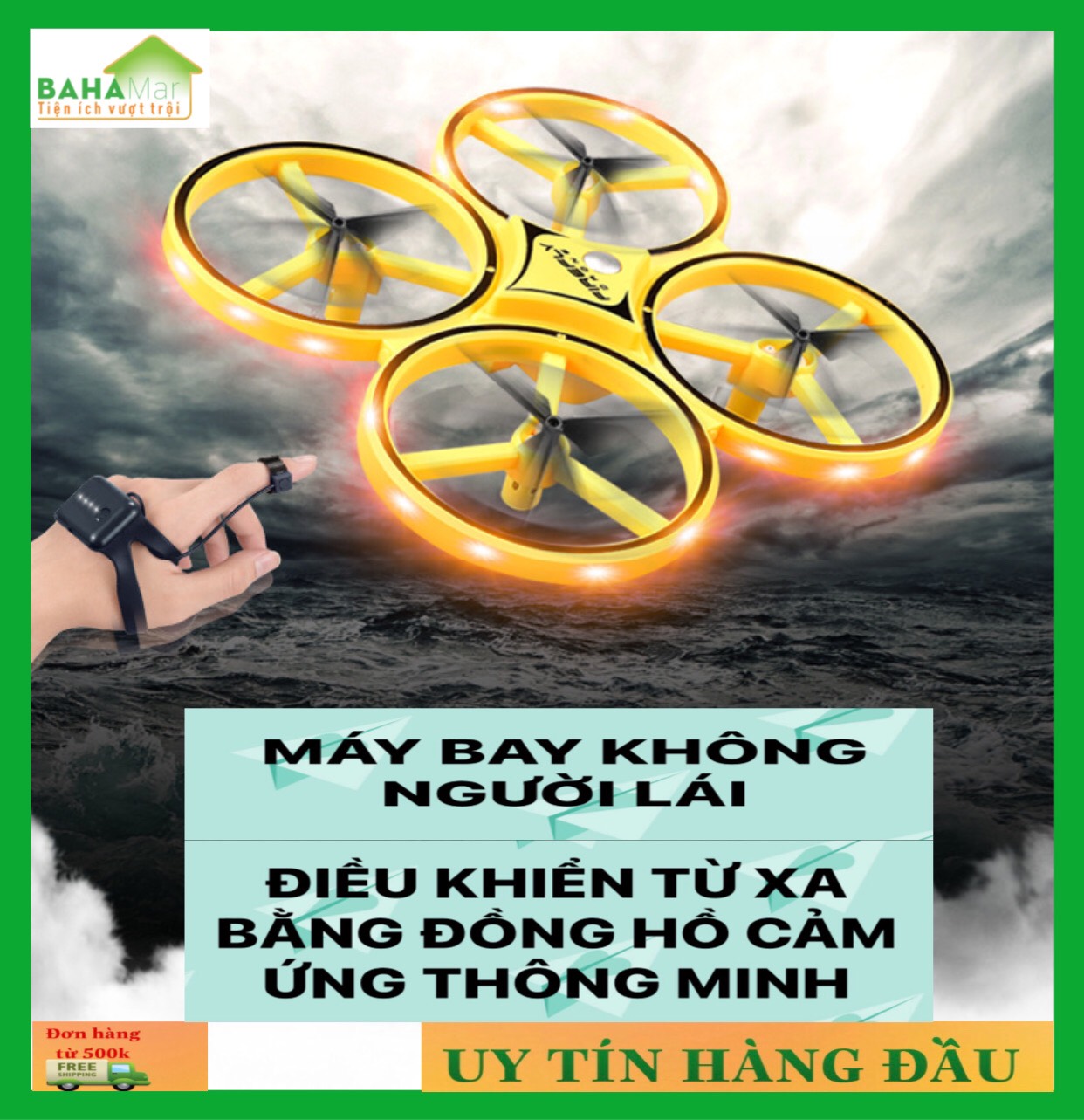 MÁY BAY KHÔNG NGƯỜI LÁI UFO ĐÈN LED ĐIỀU KHIỂN TỪ XA BẰNG ĐỒNG HỒ CẢM ỨNG THÔNG MINH "BAHAMAR" Máy bay thông minh 4 trục sử dụng trọng lực điều khiển cảm ứng hệ thống. Có 360 độ hồng ngoại né tránh chướng ngại vật