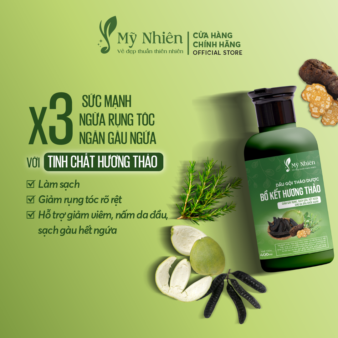 Dầu Gội, Xả Thảo Dược Mỹ Nhiên 400ml/300ml Dưỡng Tóc Tinh Chất Bồ Kết Hương Thảo - Làm Sạch Da Đầu, Nuôi Dưỡng Tóc Mềm Mượt, Giúp Tóc Khỏe Tự Nhiên