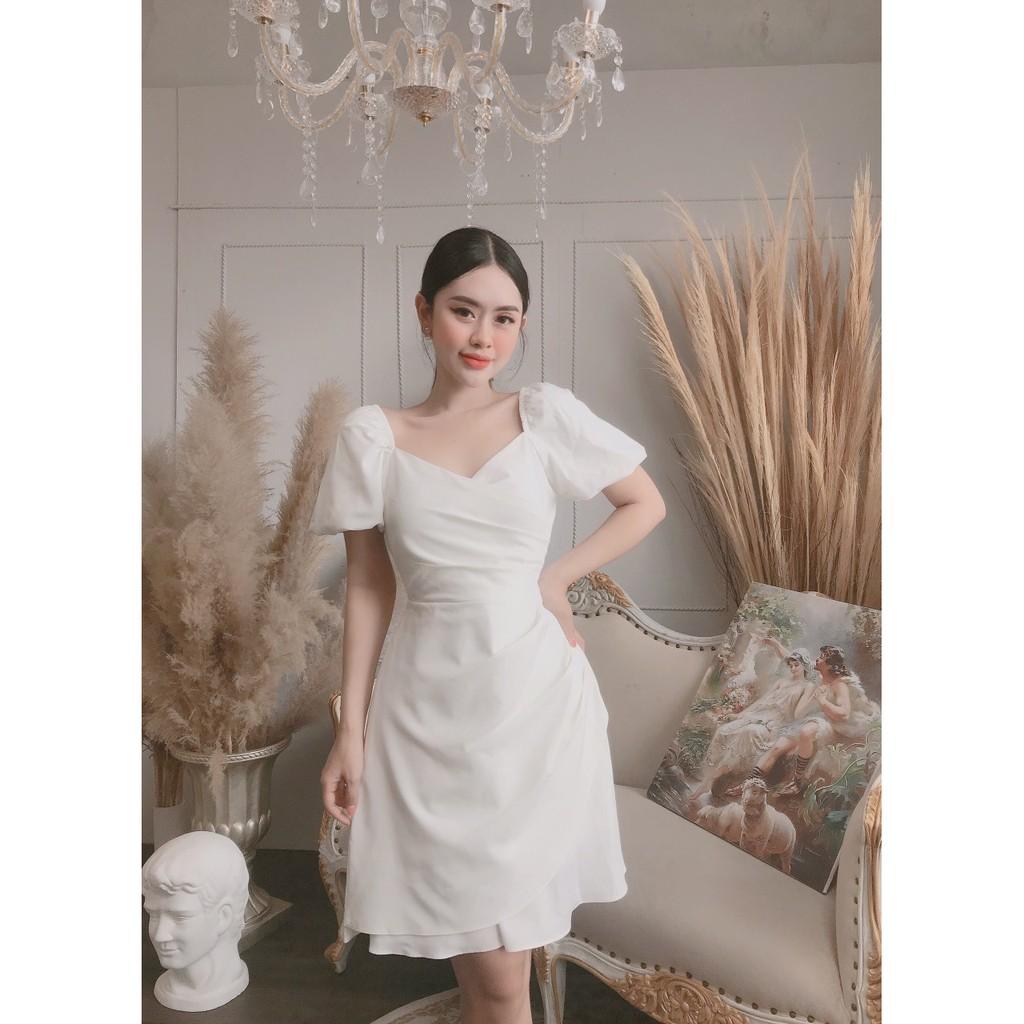 ĐẦM DỰ TIỆC VOAN 2 LỚP TRẮNG ĐEN ĐẮP CHÉO NGỰC