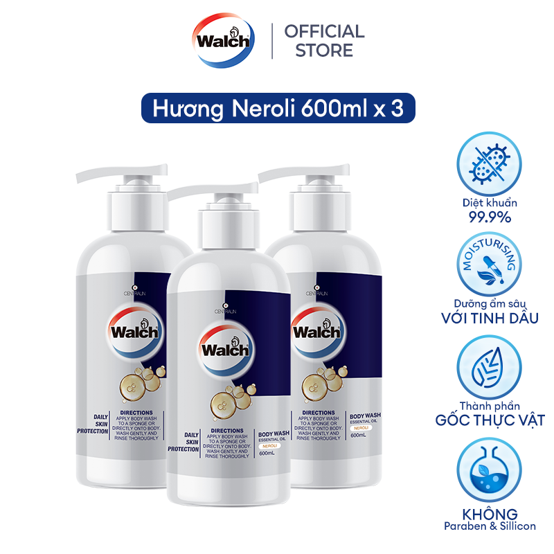 Combo 3 sữa tắm tinh dầu Walch tiêu diệt vi khuẩn, dưỡng ẩm mềm mịn, tái tạo làn da - Hương Neroli (600mlx3 )