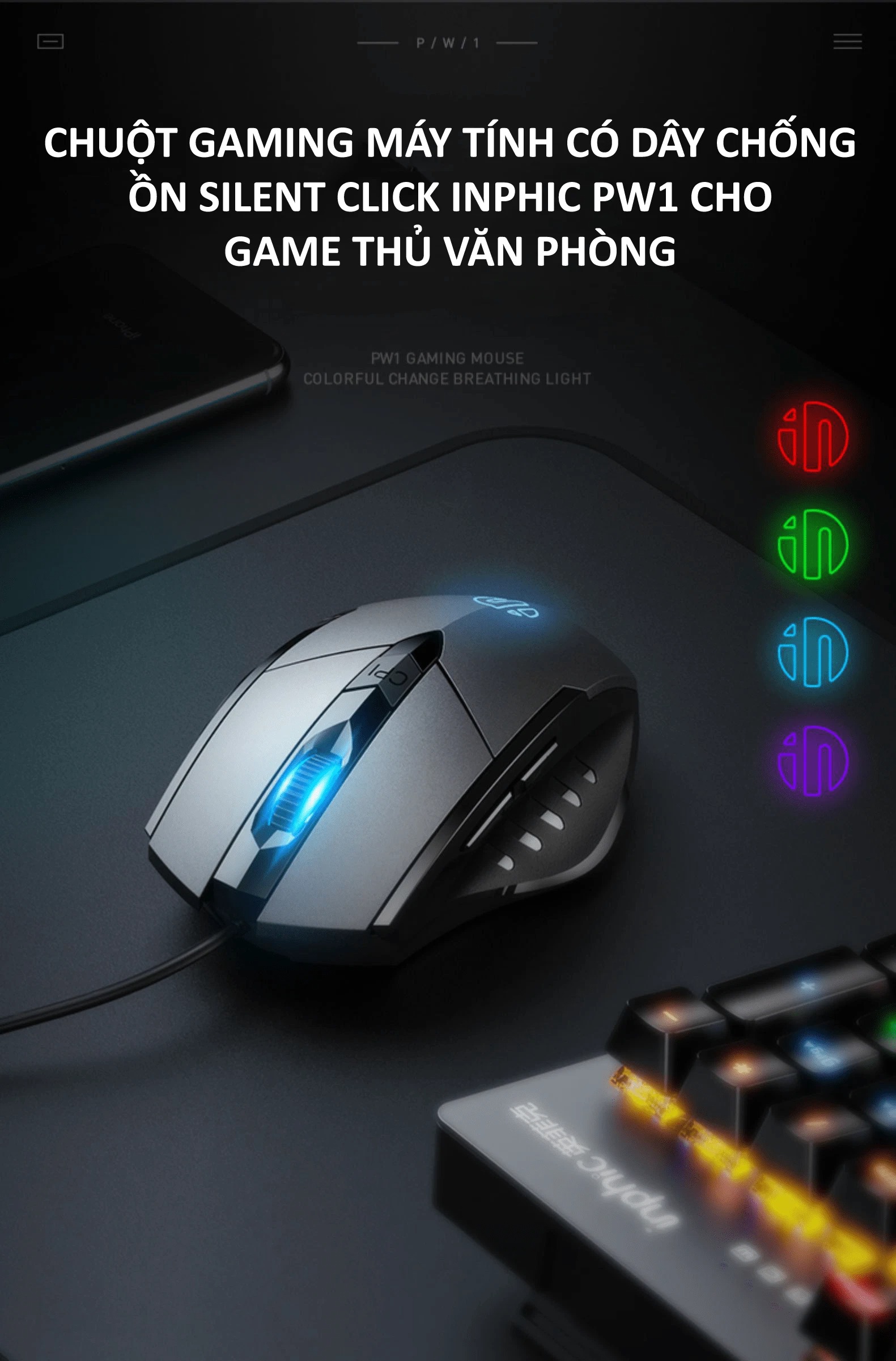 Chuột gaming máy tính có dây chống ồn silent click INPHIC PW1 đèn led 4 màu dành cho game thủ, văn phòng,... - HÀNG CHÍNH HÃNG