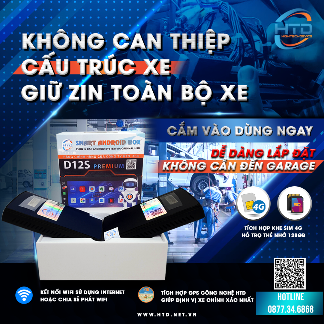 HTD Smart Carplay AI Box D12S Premium – CPU Snapdragon 8 Core Chính hãng 