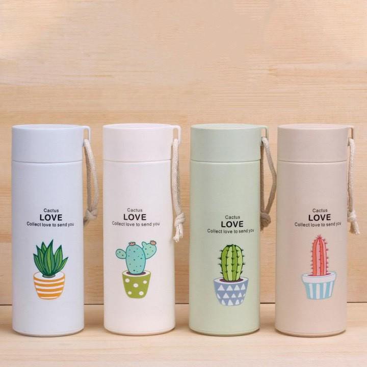 Bình đựng nước lõi thủy tinh dung tích 400ml họa tiết xương rồng xinh xắn