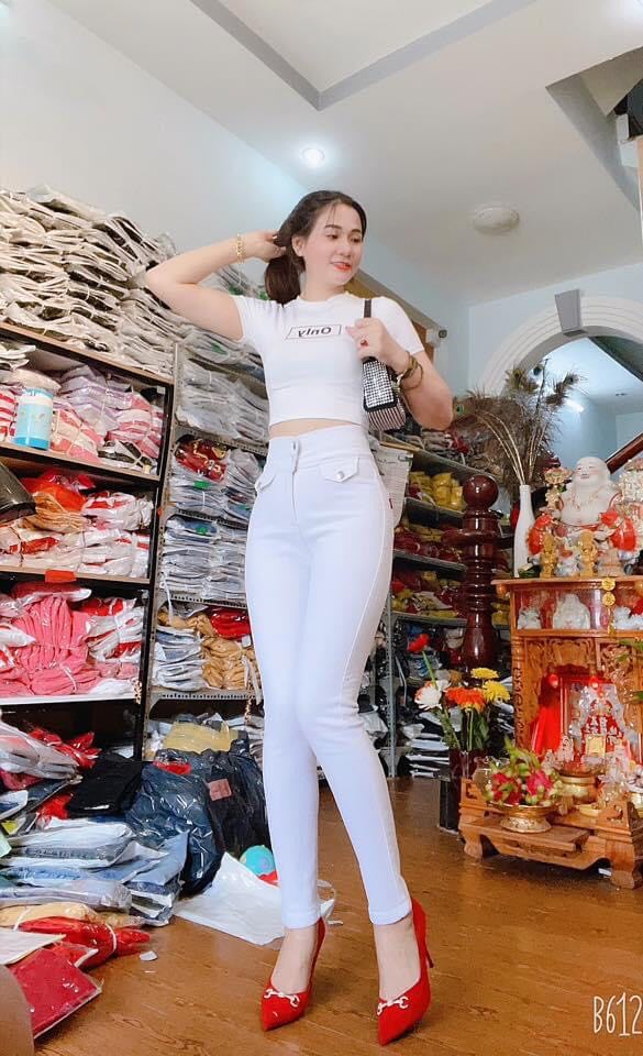 Quần Jeans Nữ Lưng Siêu Cao Co Giãn Màu Trắng