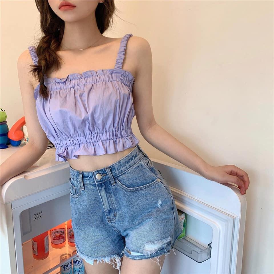 A015 Áo 2 dây nhún ngực viền bèo tiểu thư cute sexy croptop ôm body trắng tím, áo crt hai dây ba lỗ bánh bèo Ulzzang