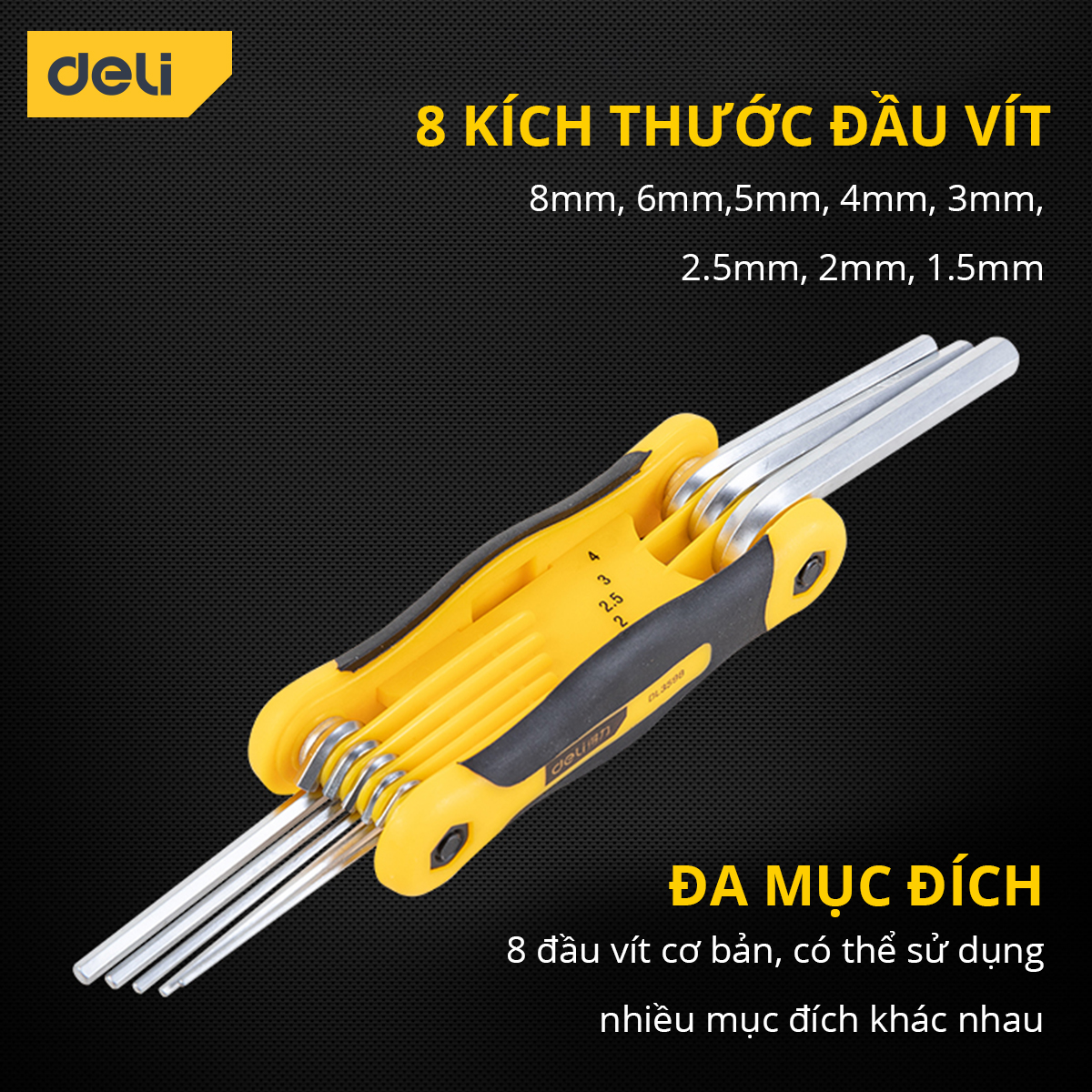 Bộ Lục Giác Gập 8 Chiếc Đầu Bằng Deli - Thiết Kế Nhỏ Gọn Tiện Dụng, Dễ Dàng Tháo Lắp Sửa Chữa DL3598