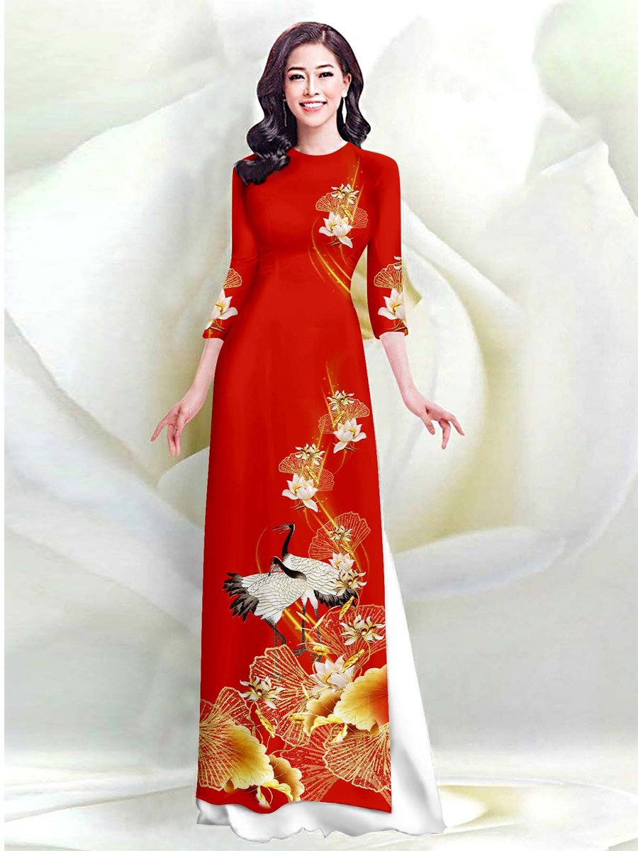 Áo dài lụa in 3D họa tiết sen và chim hạc AD012 - Lady Fashion