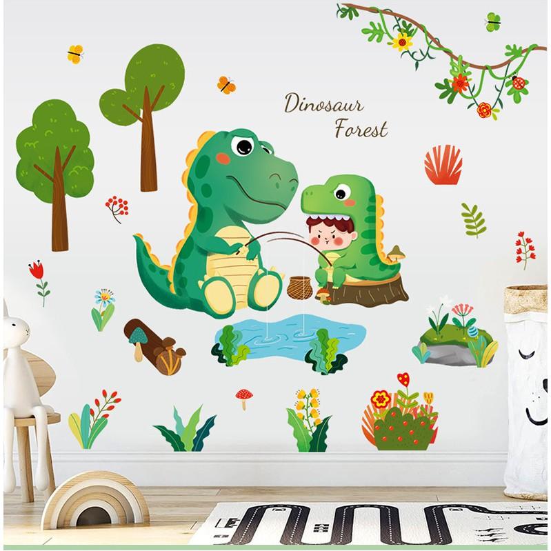 Decal dán tường trang trí - KHỦNG LONG CÂU CÁ ĐÁNG YÊU CHO BÉ
