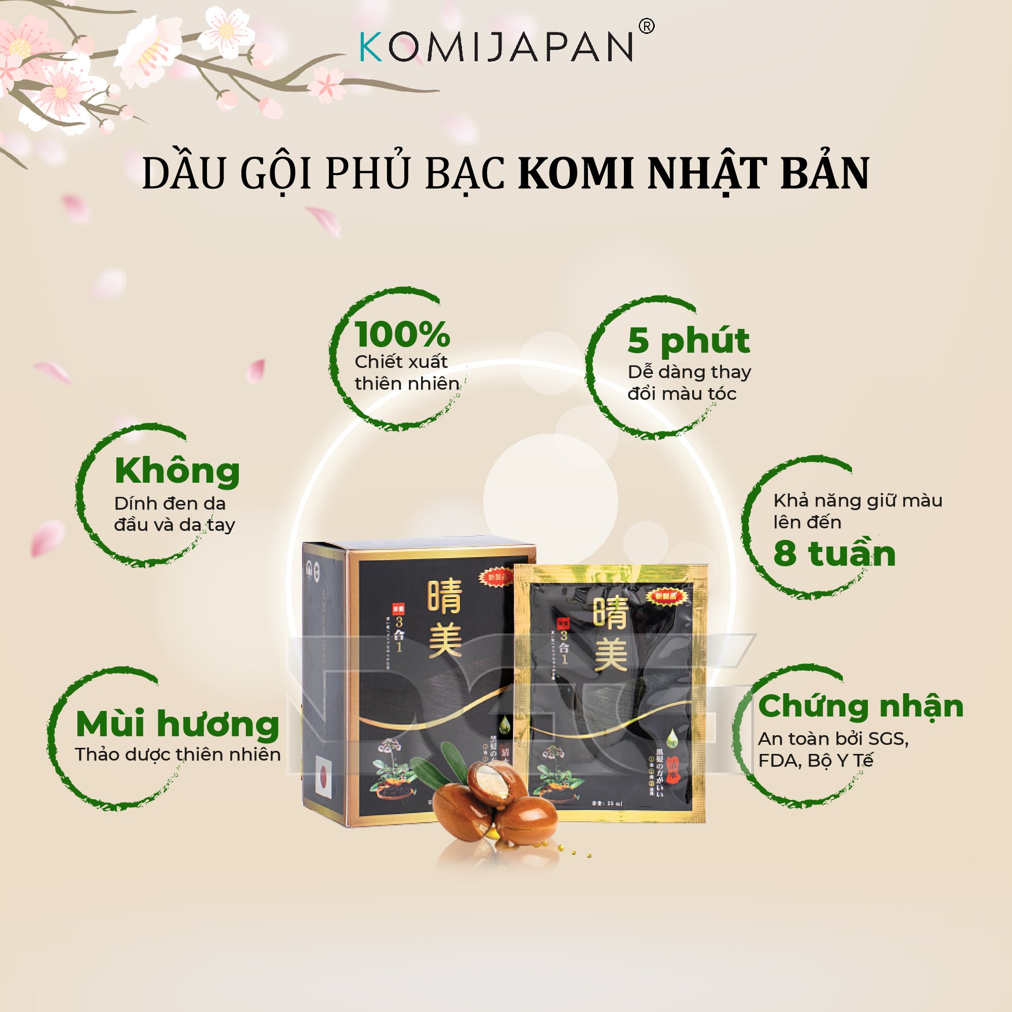 Gói dầu gội phủ bạc thảo dược thiên nhiên Komi Nhật Bản [25ml/Gói - Đen Tự Nhiên