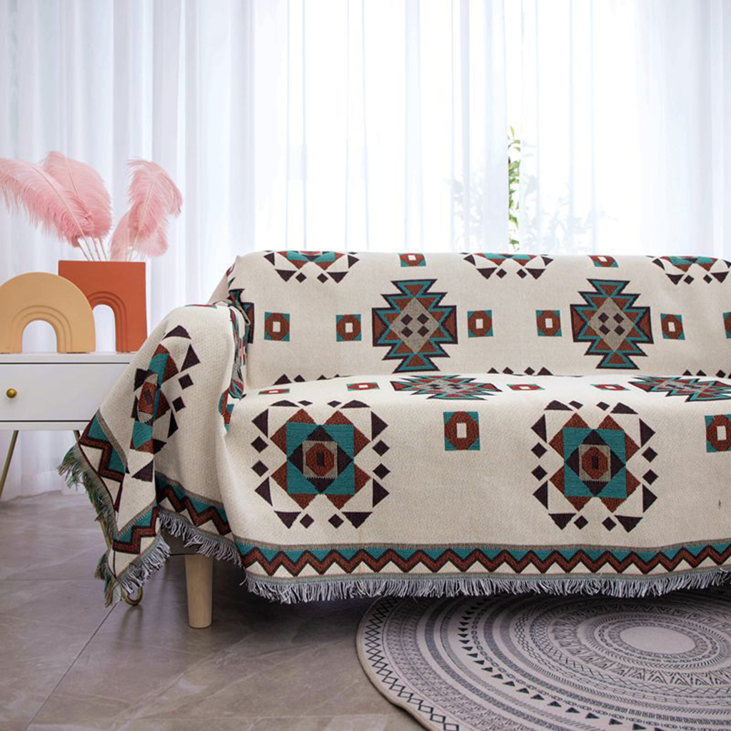 Chăn Phủ Sofa Dệt Kim 2 Mặt Họa Tiết Hình Thoi Vuông Xanh