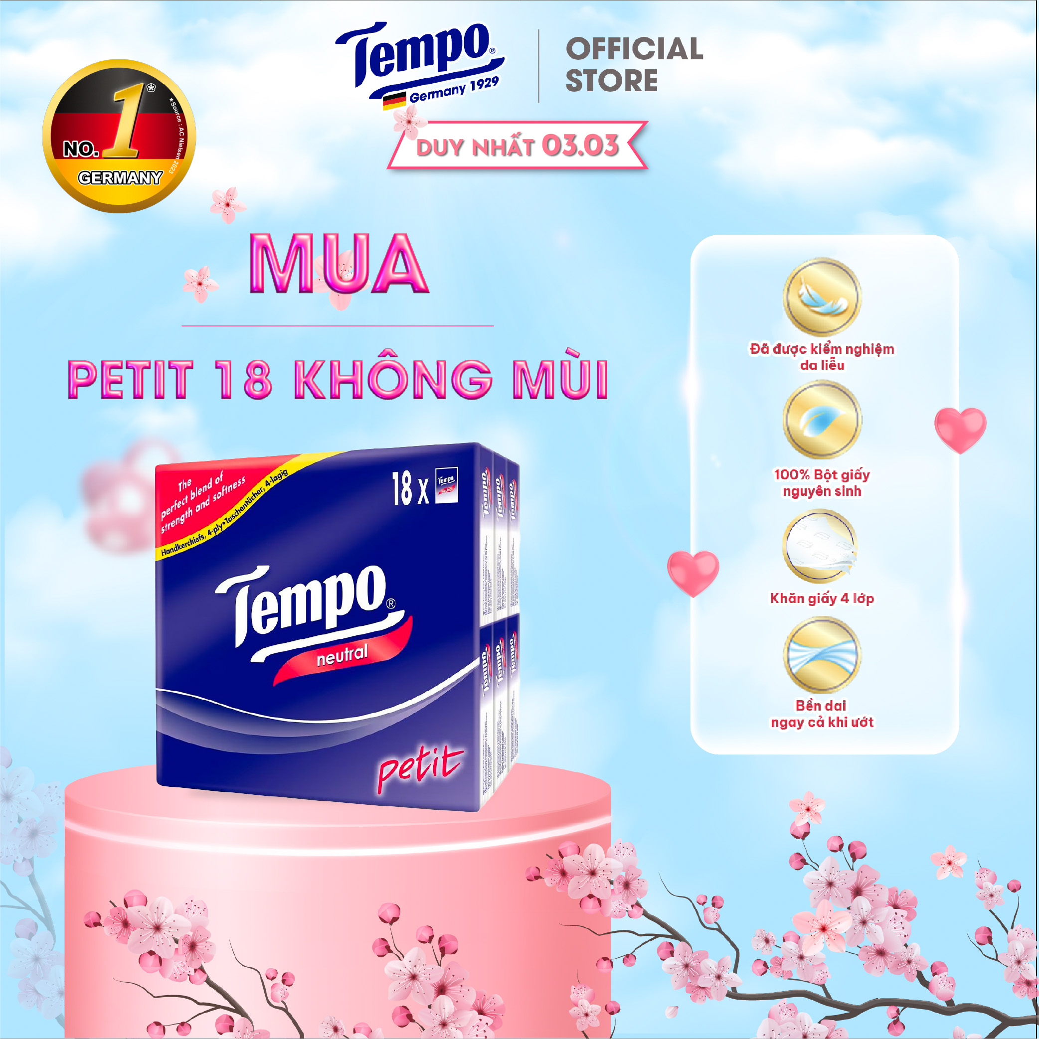 [MUA 5 LỐC TẶNG 1 LỐC] Khăn Giấy Bỏ Túi Petit 18 Bền Dai Thương Hiệu Đức (LỐC 18 GÓI)