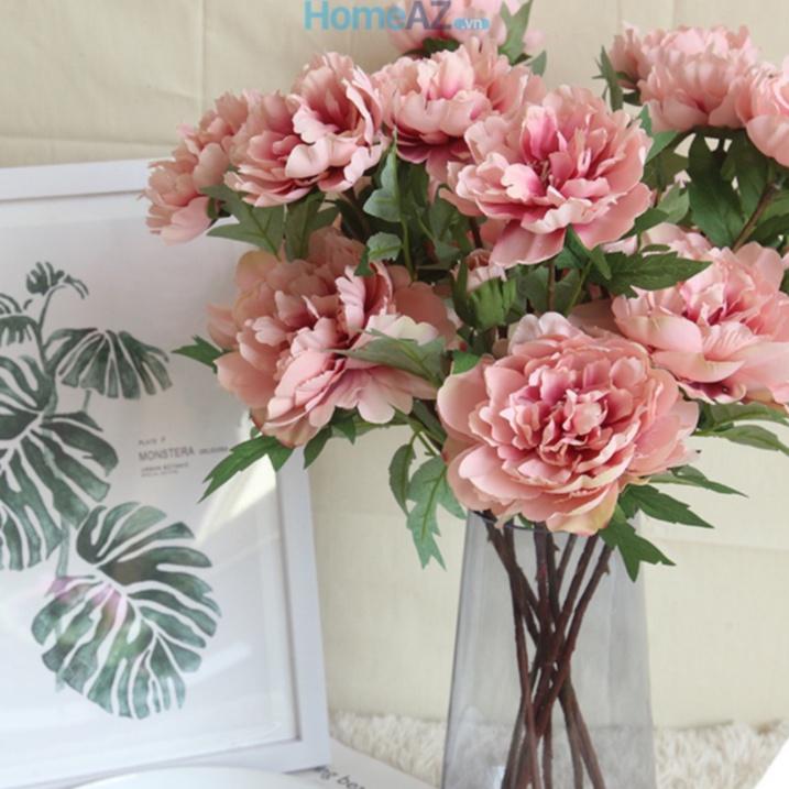 Cành hoa mẫu đơn giả đẹp bằng lụa màu hồng phấn PEOLY 52cm mã AZHOA006