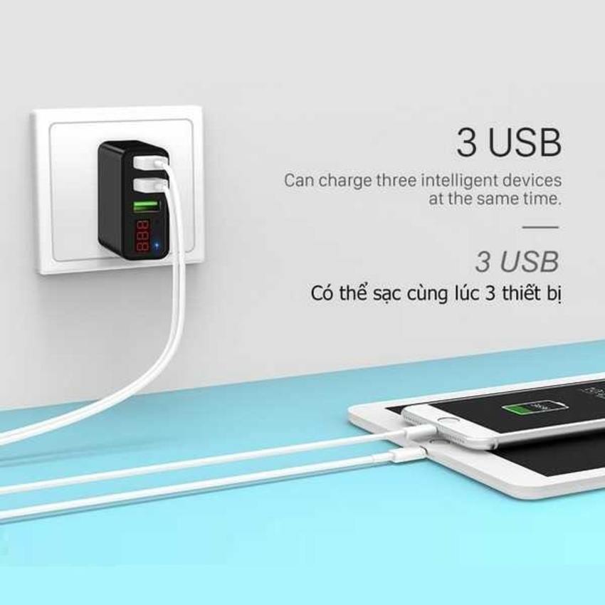 Cốc Sạc Nhanh Hoco C15 chính hãng với 3 cổng Usb – Công nghệ mới bảo vệ an toàn 7 chức năng – Củ Sạc Đa Năng có màn hình Led đo dòng điện