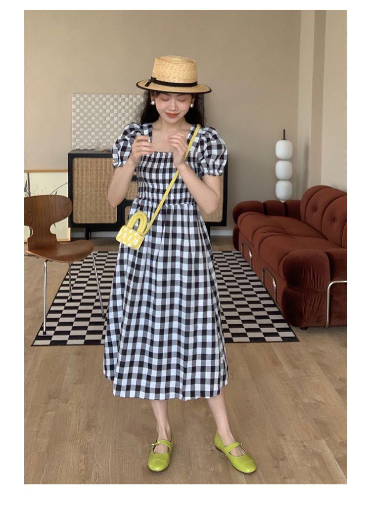 DIYIWEI Thanh lịch Port Wind Vintage kẻ sọc ăn vuông cổ thắt lưng sọc đi lại khí chất ngọt ngào bong bóng tay áo váy