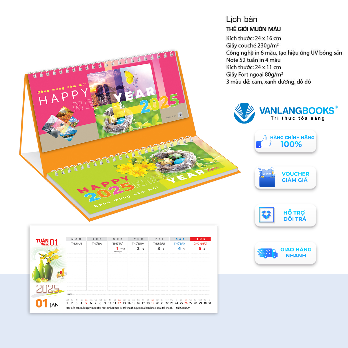 Lịch 2025 Lịch Bàn Có Note - Thế Giới Muôn Màu - VLLB12 - Lịch Văn Lang - Cam