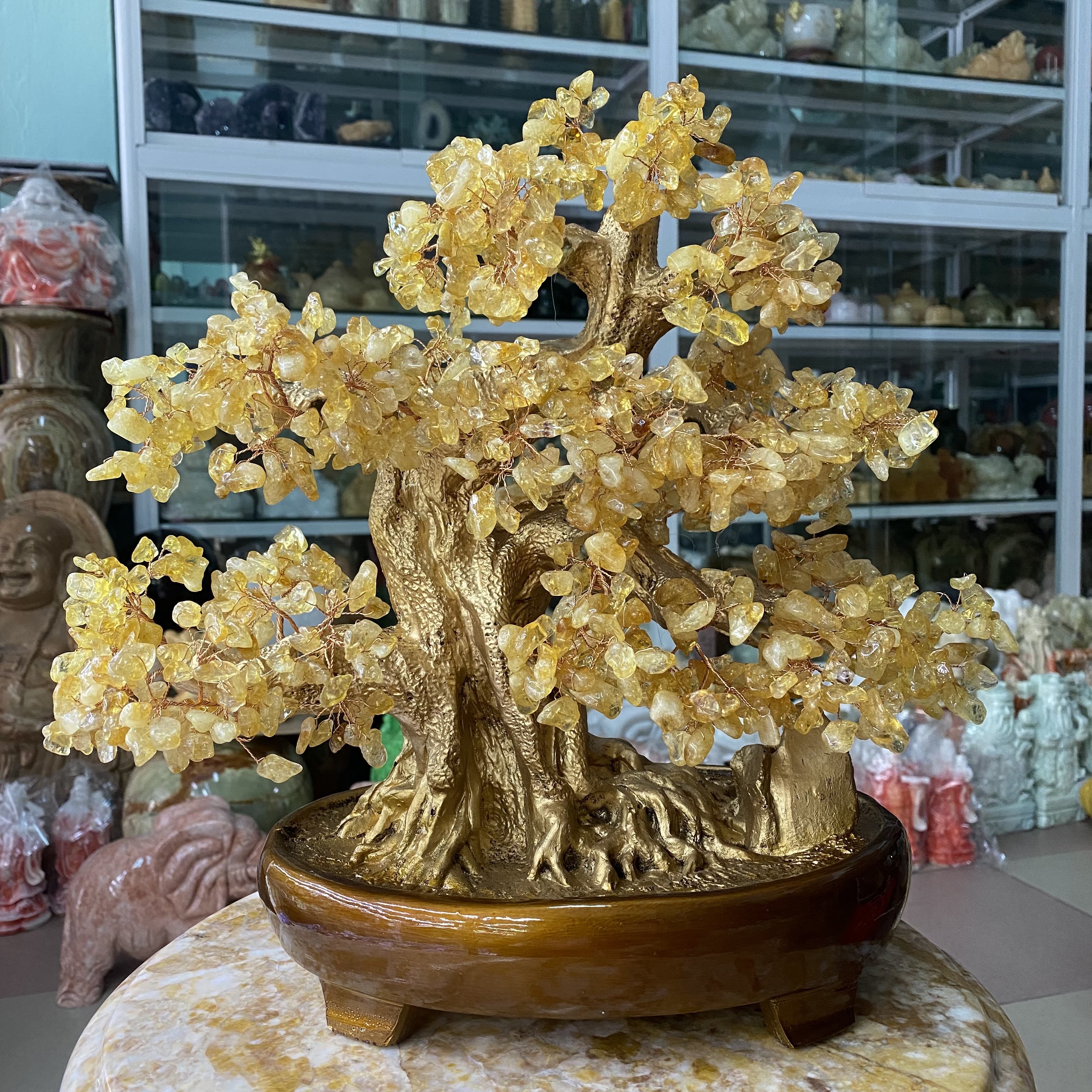 Cây Tài Lộc Bonsai Phong Thuỷ Đá Thạch Anh Vàng - cao 37cm