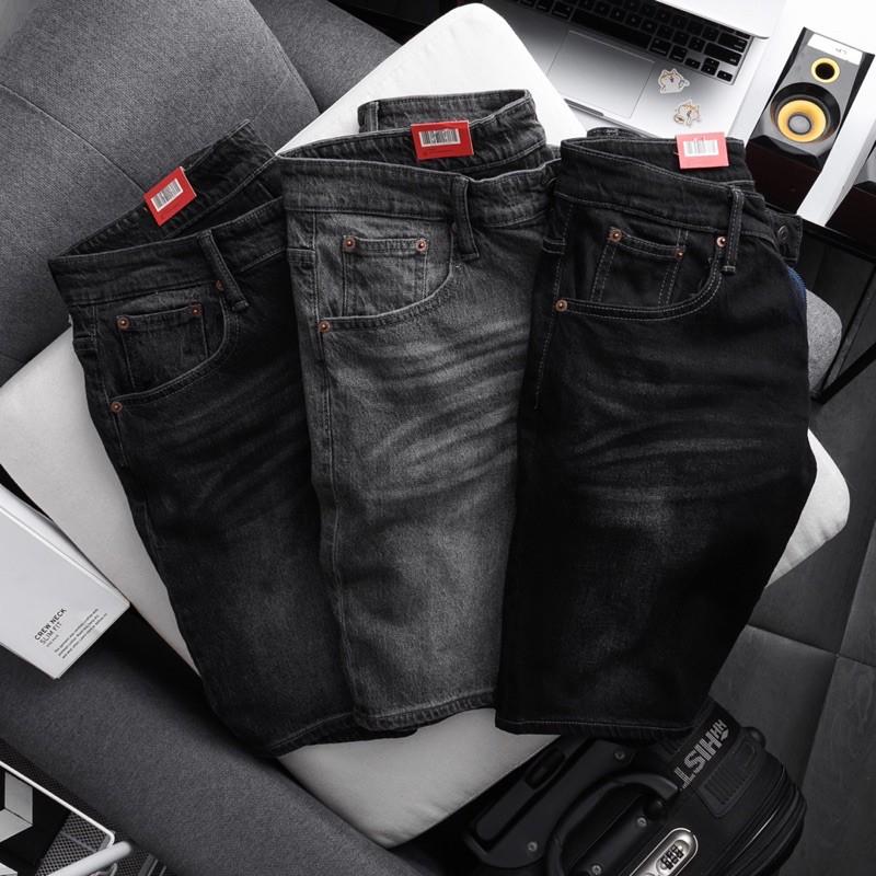 Quần short jean nam ống suông VNXK màu đen xám cotton