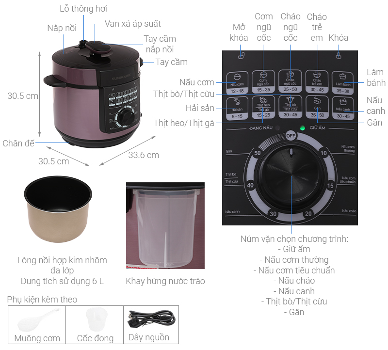 Nồi áp suất điện Sunhouse SHD1657 6 lít - Hàng chính hãng