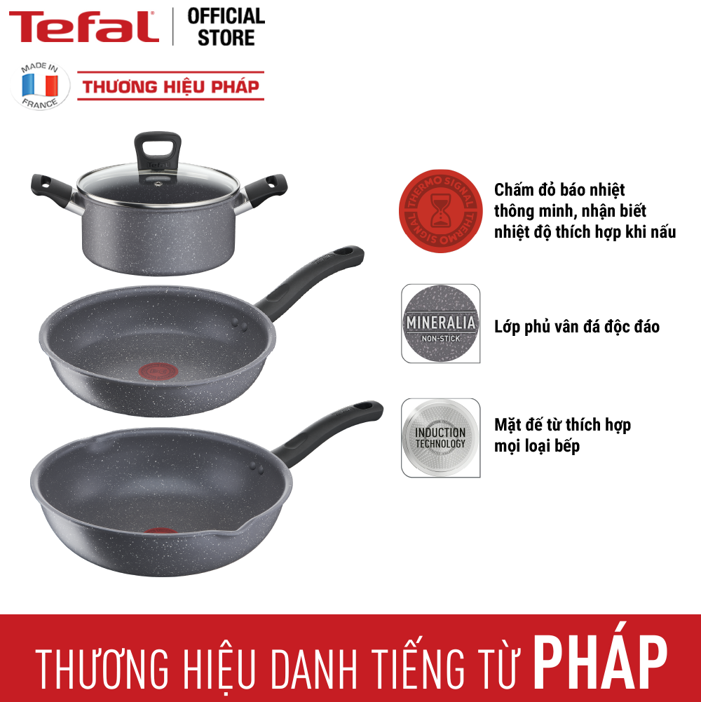 Bộ 3 nồi chảo chống dính đáy từ vân đá Tefal Cook Healthy dùng cho mọi loại bếp (Nồi 20c, chảo 24cm và 28cm) - Hàng chính hãng