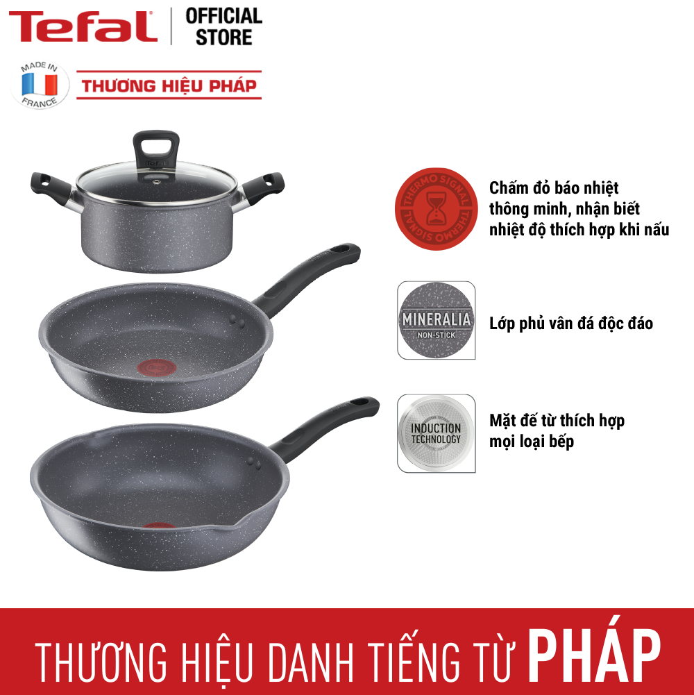 Bộ nồi chảo Tefal G134S495 Cook Healthy gồm Chảo 24cm, Chảo sâu 28cm, Nồi 20cm - Hàng chính hãng