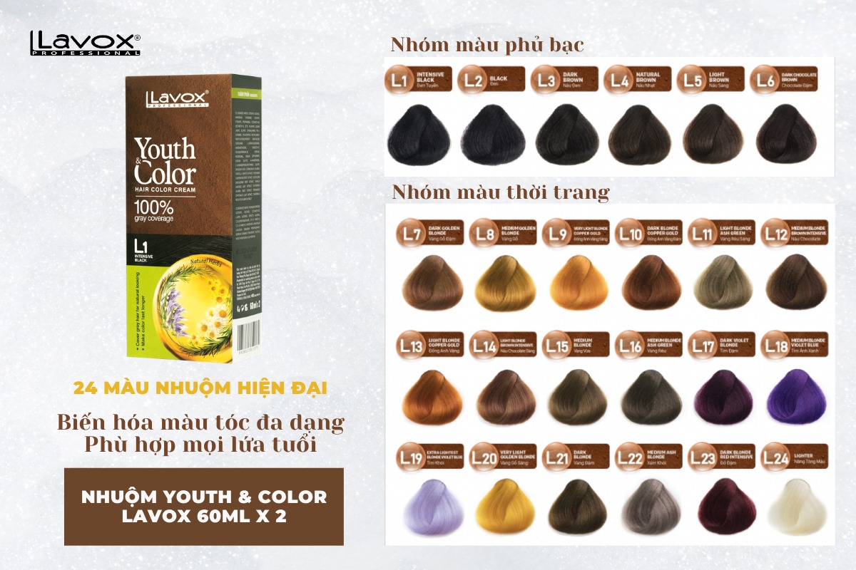 Xám Khói - Combo 2 Kem Nhuộm Tóc Màu Thời Trang Lavox Youth&Color L22 Xám Khói + L24 Nâng Tông Màu (Sử Dụng Màu L24 Để Nâng Tông Màu Tóc Trước Khi Nhuộm Màu L22 Xám Khói)