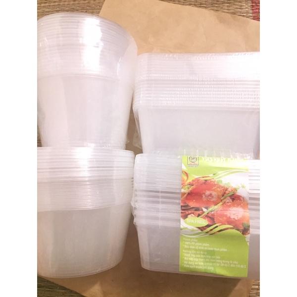 Lốc 10 cái hộp nhựa chữ nhật/ hộp nhựa tròn kèm nắp dùng để đựng thực phẩm, dùng được trong lò vi sóng