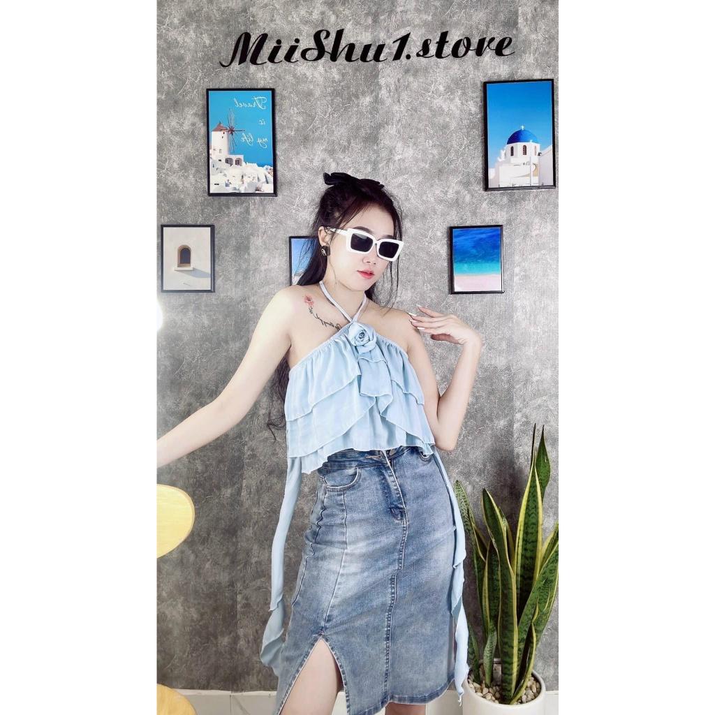 Áo nữ kiểu yếm croptop đính hoa tầng tà dài dây vai chéo cực sang cho cô nàng xinh đẹp