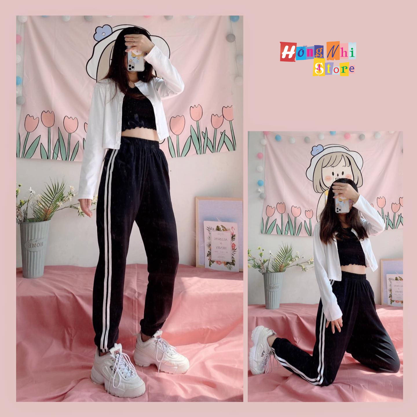 Quần Jogger Line Unisex Lưng Thun 2 Sọc Bo Lai Dáng Rộng Màu Đen - MM