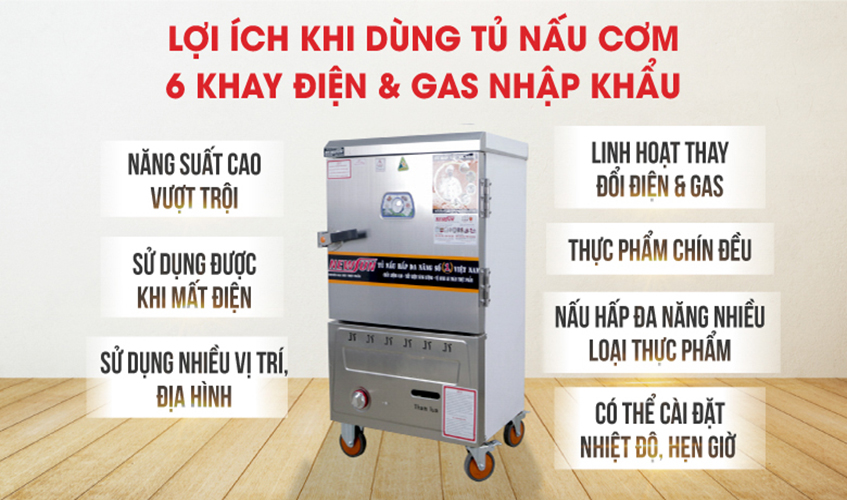 Tủ Nấu Cơm 18 Kg Gạo/ Mẻ Bằng Điện Gas 6 Khay Nhập Khẩu NEWSUN - Hàng Chính Hãng