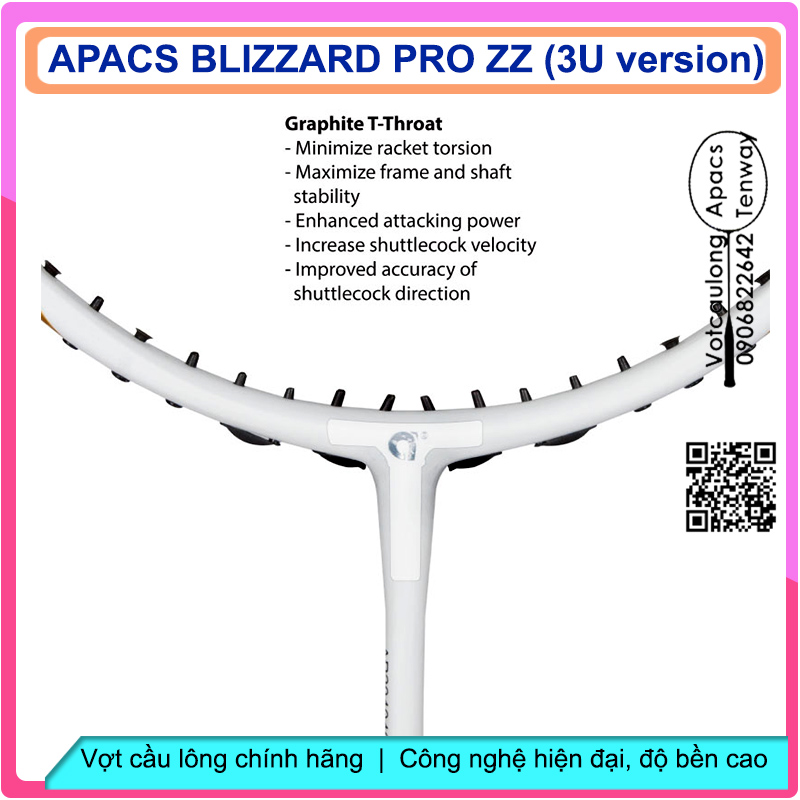 Vợt cầu lông Apacs Blizzard Pro ZZ - 3U | Vợt 3U thân đũa thế hệ mới, đũa chỉ 6.2mm, nặng đầu chuyên công, khung đan 17kg