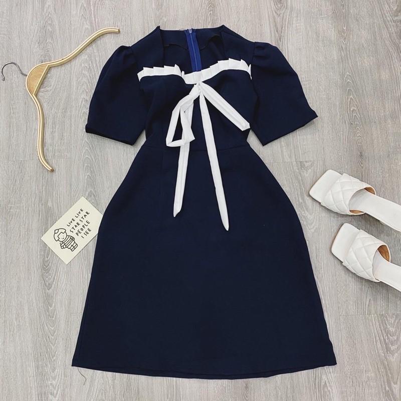 Đầm váy xanh đen phối trắng (kèm hình thật)