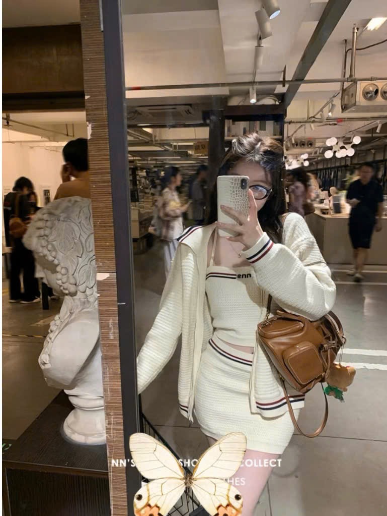 Set Len 3 Món Áo Khoác Cardigan Khóa Kèm Áo 2 Dây Crotop Mix Chân Váy Ôm