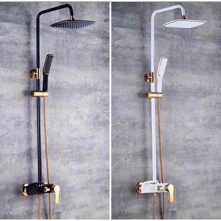 Bộ cây sen tắm nóng lạnh đồng thau sơn tĩnh điện màu đen bóng và trắng bóng đẹp long lanh