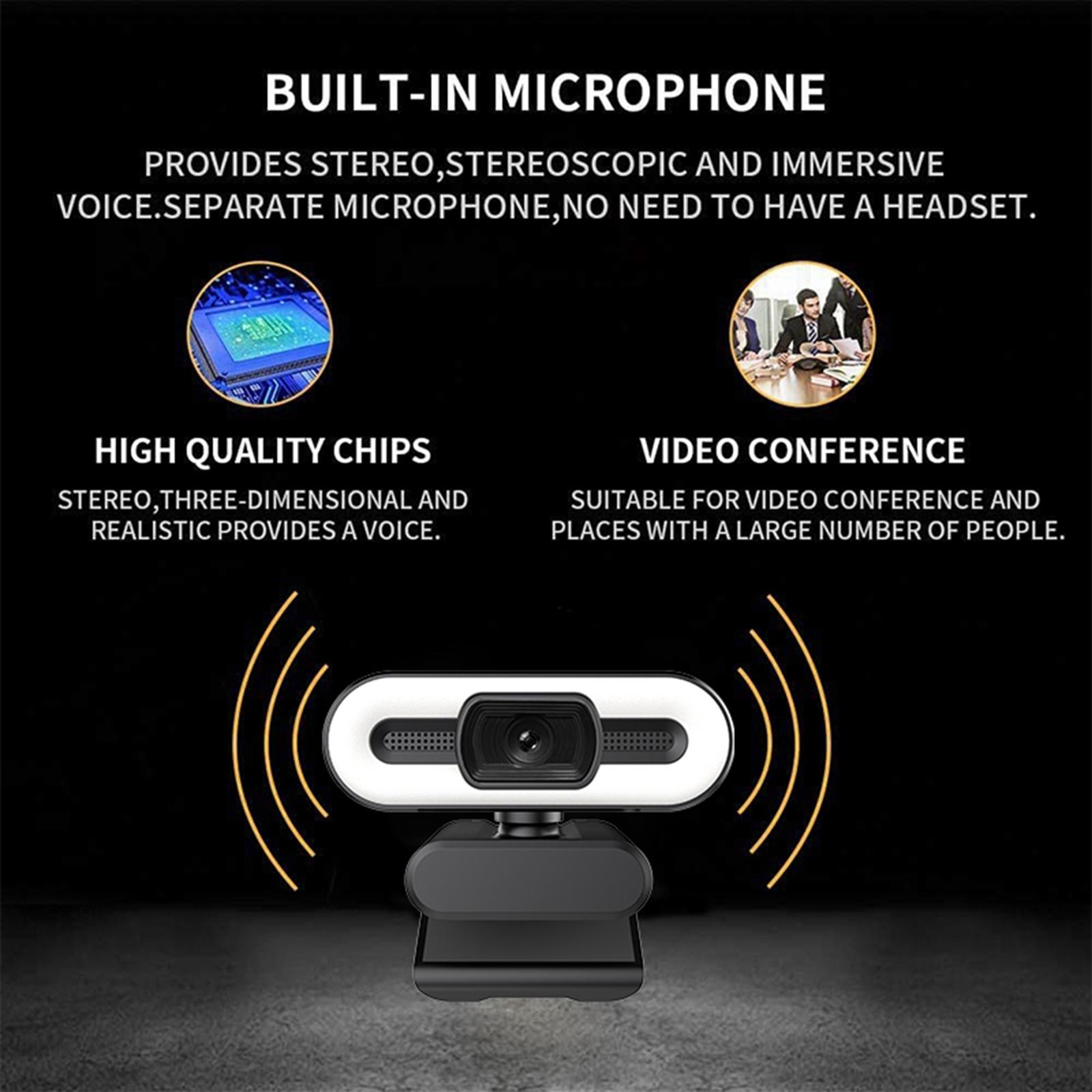 HD Webcam with Fill Light Microphone USB 2.0 Conference Streaming Camera for Desktop Laptop