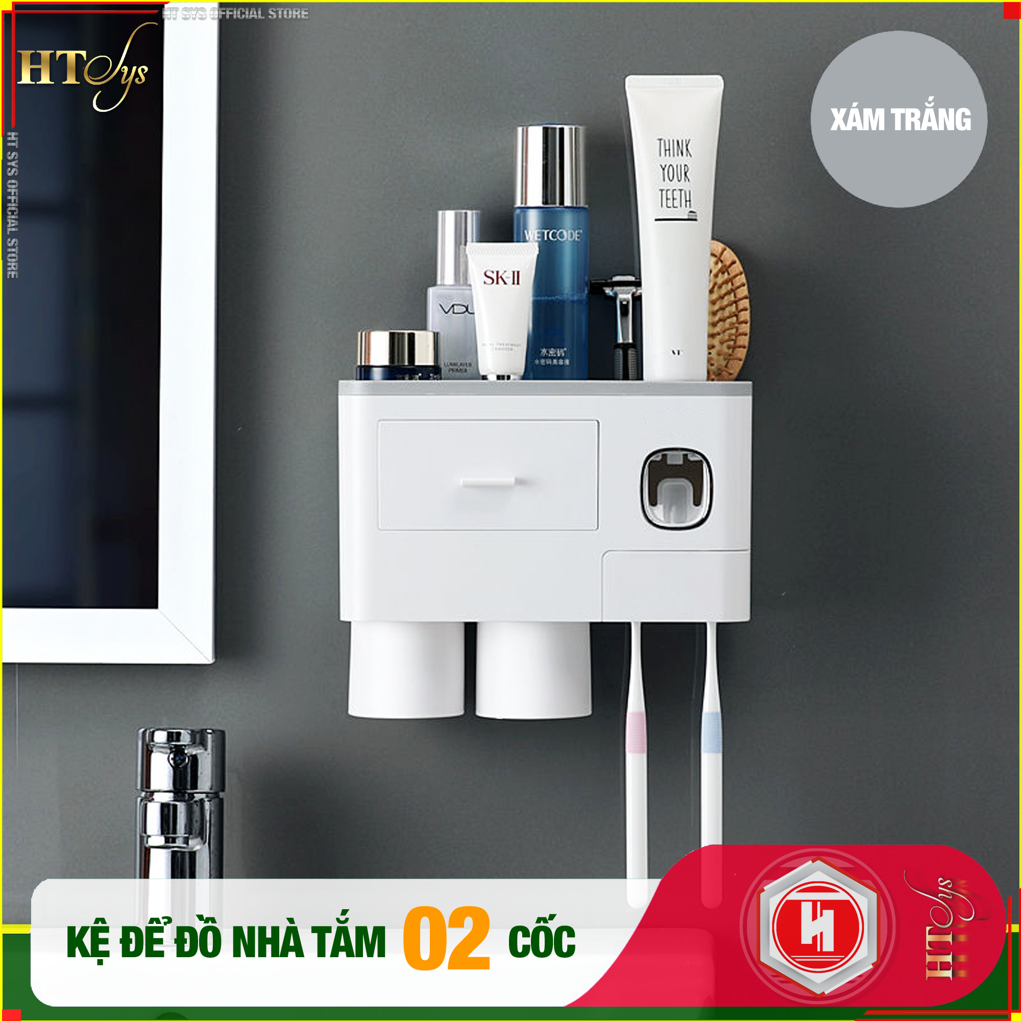 Bộ dụng cụ nhả kem đánh răng tự động kèm giá đỡ bàn chải đánh răng HT SYS-COCO-2 cốc từ tính hút ngược-chất liệu ABS cao cấp