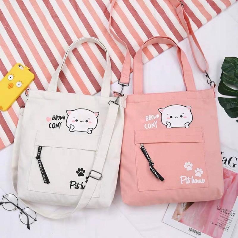 Balo thời trang, balo đi học, đựng laptop Túi Tote Mèo Cony balo nữ vải