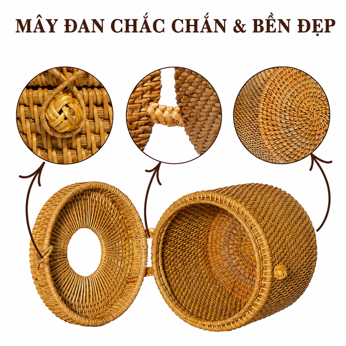 Hộp Khăn Giấy Mây Tre Hình Tròn ANKAN – Decor Sang Trọng Nhà Tắm, Phòng Khách, Quán Cafe