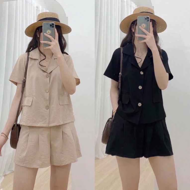 Set bộ áo cộc tay cổ vest cúc gỗ quần đùi đũi. Set bộ nữ áo quần cổ vest quần đùi cộc