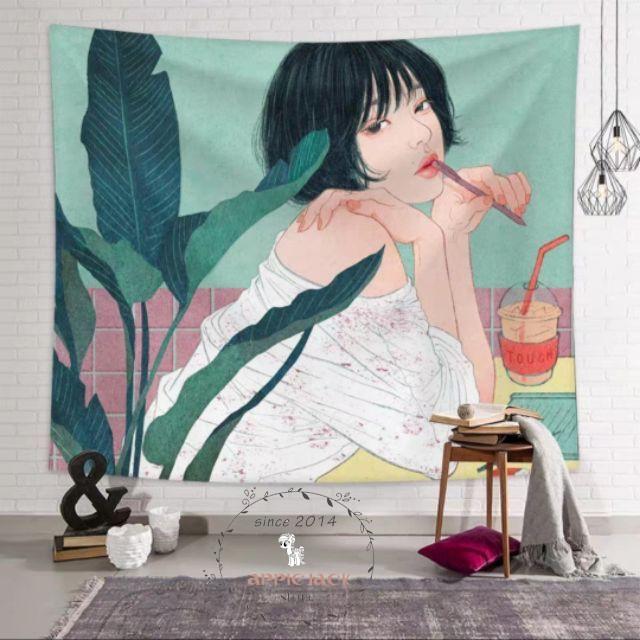 CÔ GÁI NGẬM BÚT - Tranh vải treo tường trang trí decor vintage