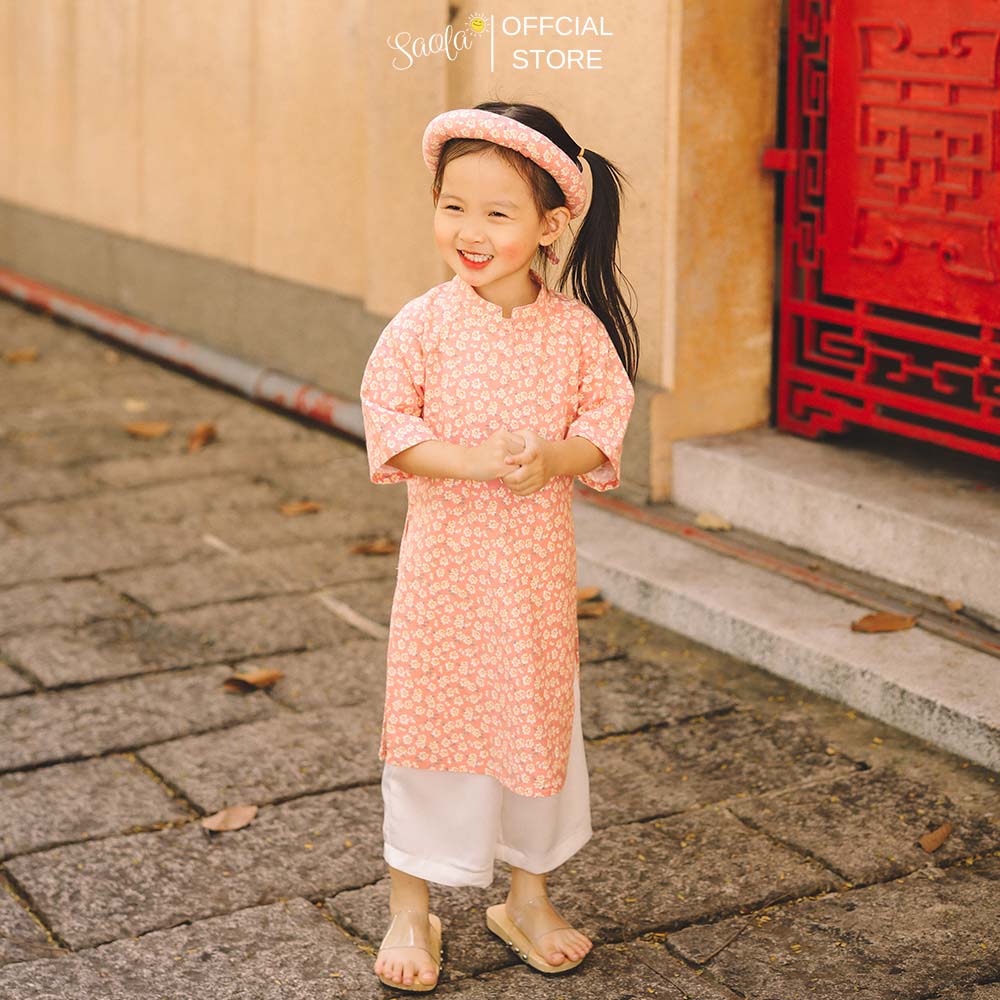 Áo Dài Tết Cách Tân Cho Bé Gái Hoạ Tiết Hoa Nhí [Tặng Kèm Mấn] - Áo Dài &quot;Bình&quot; - AD005 - SAOLA KIDS CLOTHING